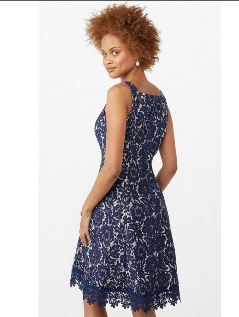 Roz & Ali Navy & White Floral Lace Midi Dress